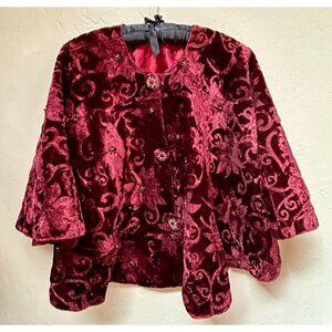 One of a Kind Art to Wear Womens Flutter Sleeve Cape Velvet Floral Red Free Size